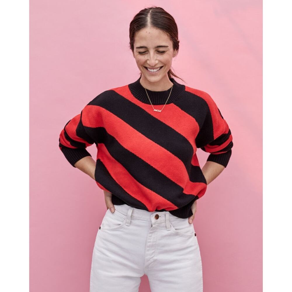 CLARE V. DROP Cotton Cashmere SHOULDER SWEATER BLACK/POPPY Stripe Size Large